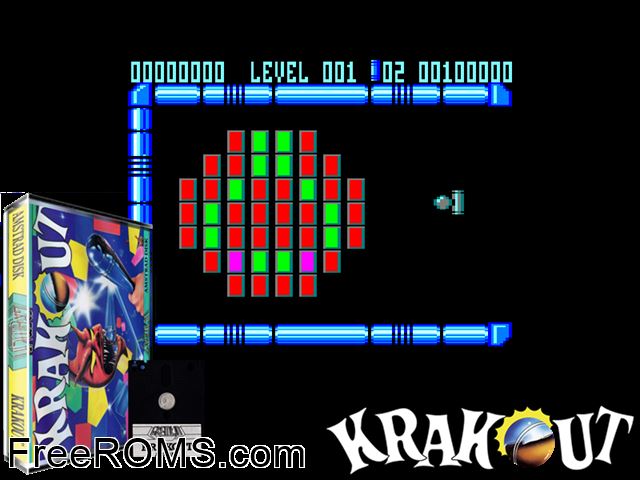 Krakout (UK) (1987) [h1] Amstrad CPC game showing 3D box cover and gameplay screenshot